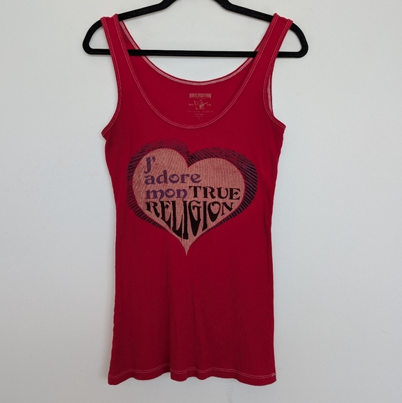 Authentic Y2K True Religion Red Women's Rib Knit Tank Top Made In USA Sz L - Picture 1 of 14